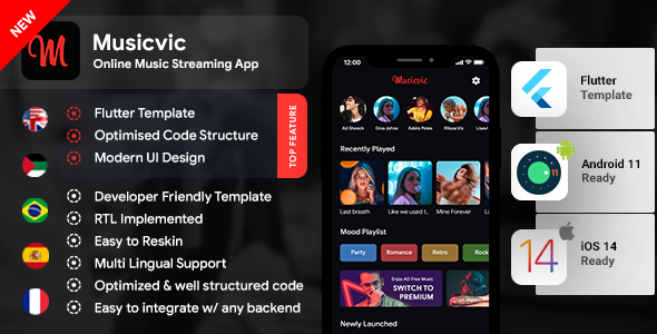 Online Music Streaming Android App Template+ iOS App Template| Flutter | Music Player App | Musicvic Ionic Music &amp; Video streaming Mobile App template