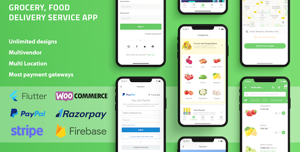 Grocery Food Delivery Service Flutter app for WooCommerce with Multivendor & Multi Location Features Flutter Ecommerce Mobile App template