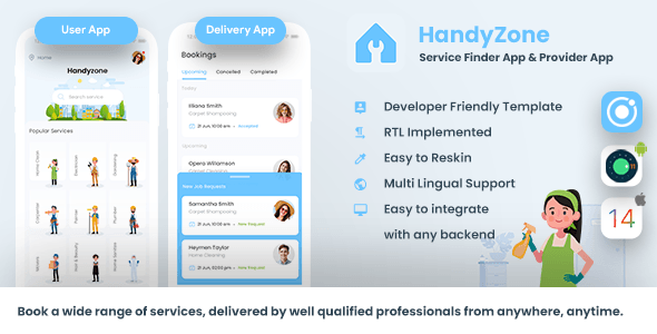 Home Service Finder| Provider| Booking Android + iOS App Template|2 Apps| HTML+CSS IONIC 5 Handyzone Ionic Travel Booking &amp; Rent Mobile App template