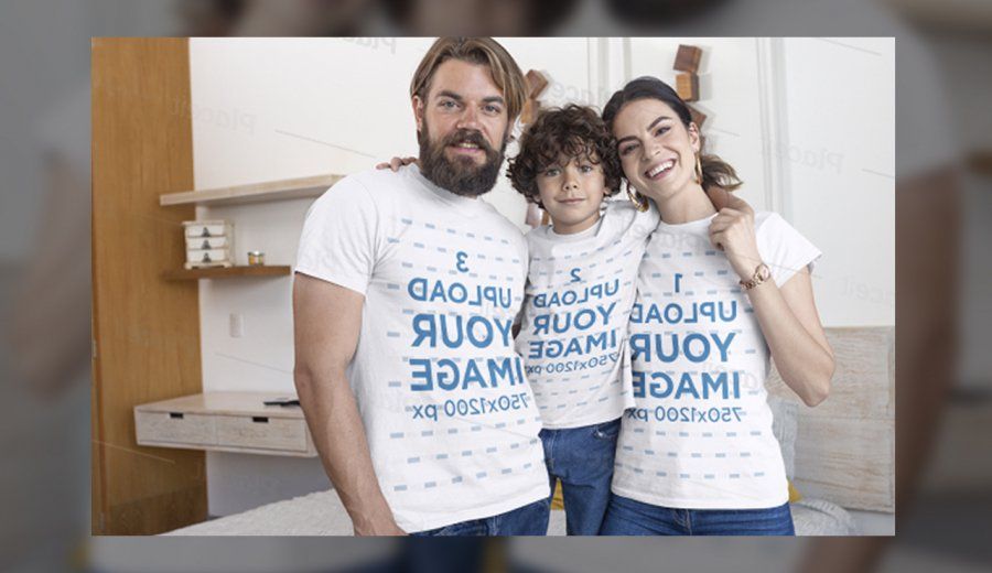 t-shirt mockup featuring a family of three posing in the bedroom