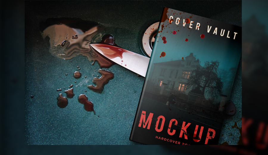 A book in the sink with drops of blood mockup