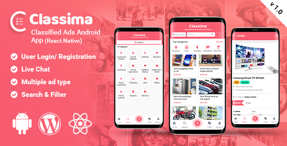 Classima - Classified ads Android App React native  Mobile App template