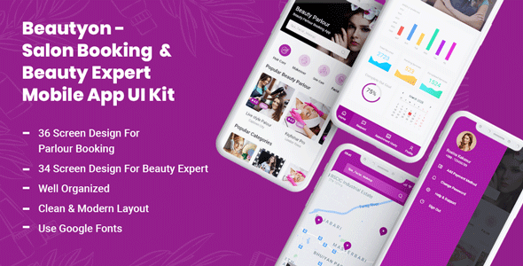 Beautyon - Beauty Parlour Booking & Beauty Expert Mobile App UI Kit  Travel Booking &amp; Rent Design App template