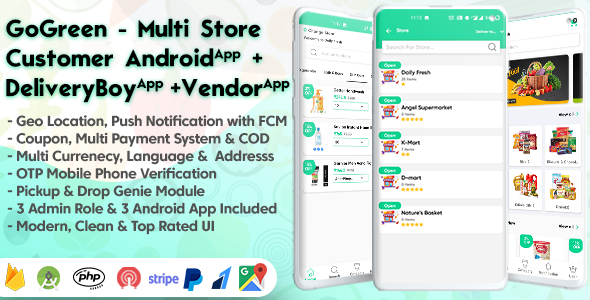 GoGreen - Food, Grocery, Pharmacy Multi Store(Vendor) Android App with Interactive Admin Panel Android Ecommerce Mobile App template