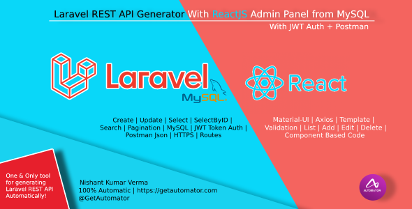 Laravel REST API Generator With React Admin Panel Generator + JWT Auth + Postman React native  Mobile App template