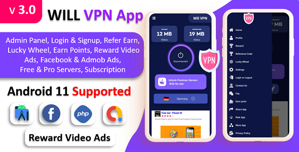 WILL VPN App - VPN App With Admin Panel | Secure VPN &amp; Fast VPN | Refer &amp; Earn | Reward Lucky Wheel Android  Mobile App template