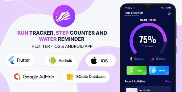 Run Tracker, Step Counter and Water Reminder - Flutter Android &amp; iOS App (20 Languages) Flutter  Mobile App template