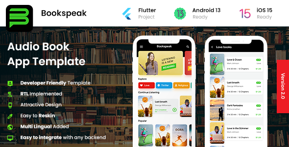 2 App Template| Audiobook App| Online Book App| eBook App| Podcast App| Bookspeak Flutter Books, Courses &amp; Learning Mobile App template