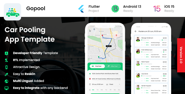 2 App Template| Carpooling App| Bike Pooling App| Ride Sharing App|Car sharing App| Gopool Flutter  Mobile App template