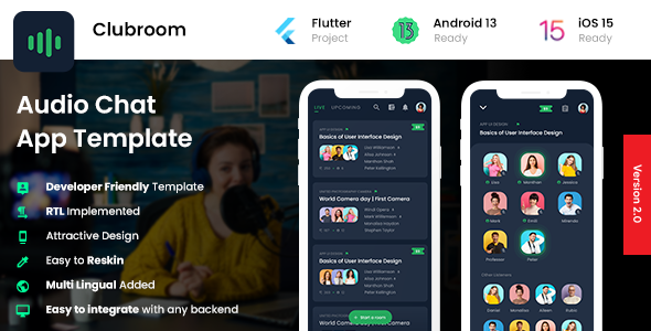 2 App Template| Clubhouse App| Audio Chat App| Audio Room App| ClubRoom Flutter Chat &amp; Messaging Mobile App template