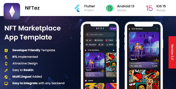 2 App Template| NFT Marketplace App| NFT buying selling App| NFTez Flutter Crypto &amp; Blockchain Mobile App template