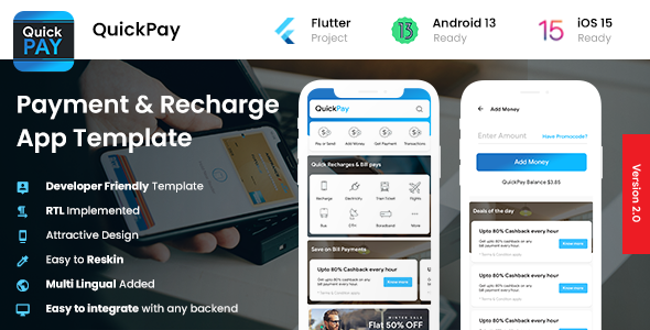 2 App Template| Online Bill Payment App| Recharge App| Booking App| Wallet App| QuickPay Flutter Finance &amp; Banking Mobile App template