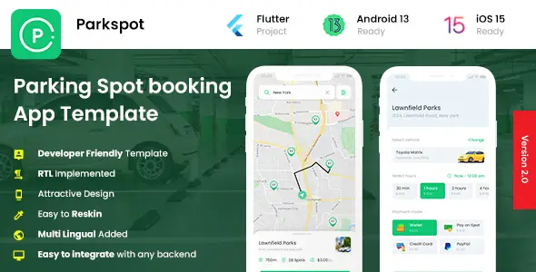 2 App Template| Parking Spot Booking App| Car Parking App| Smart Parking App| Parkspot Flutter Travel Booking &amp; Rent Mobile App template
