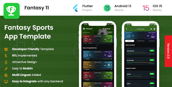 2AppTemplate| Fantasy Sports Contest Fantasy Cricket Fantasy Football Fantasy Basketball| Fantasy 11 Flutter Sport &amp; Fitness Mobile App template