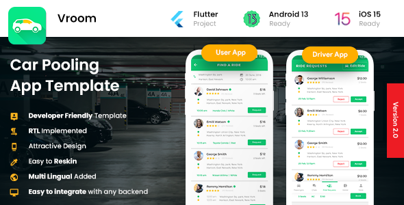 4 App Template| Carpooling App| Bike Pooling App| Ride Sharing App|Car sharing App| Vroom Flutter  Mobile App template