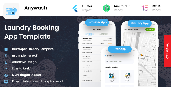 6 App Template| Multi Vendor Laundry Booking App| Laundry Delivery App| Anywash Flutter Travel Booking &amp; Rent Mobile App template
