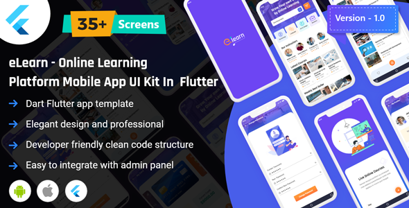 Elearn - Online Learning Platform App UI Kit in Flutter Flutter Books, Courses &amp; Learning Mobile Uikit