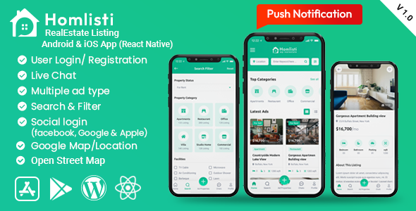 HomListi – Real Estate Listing Android &amp; iOS App React native  Mobile App template