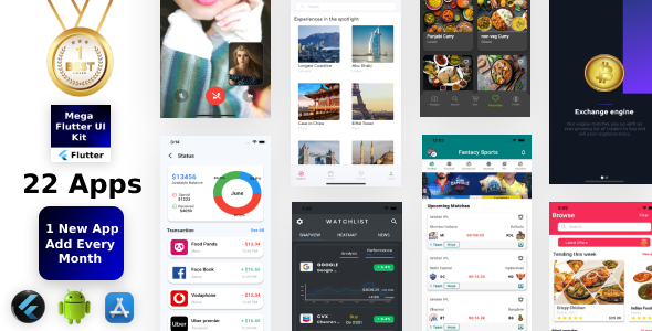 Mega Flutter Kit 22 Apps in 1 Template | Flutter | Figma | Get Every month 1 App | Life Time Update Flutter Ecommerce Mobile App template