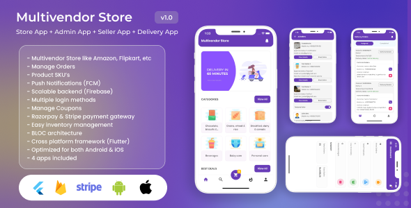 Multivendor Store (Amazon, Flipkart, Walmart) with Seller App, Admin App and Delivery App (4 Apps) Flutter Ecommerce Mobile App template