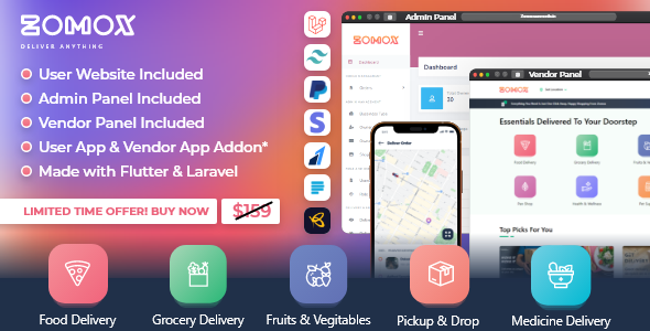 Zomox Grocery, Food, Pharmacy Courier &amp; Service Provider + Backend + Driver app Flutter Ecommerce Mobile App template