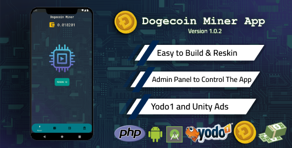 Dogecoin Miner App with Admin Panel and Admob + Unity Ads    