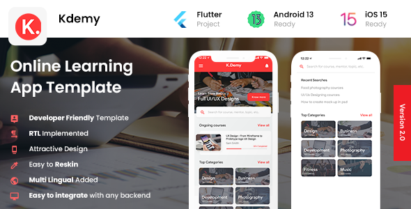 2 App Template| Online Learning App| Online exam app | Online Class App| Kdemy    