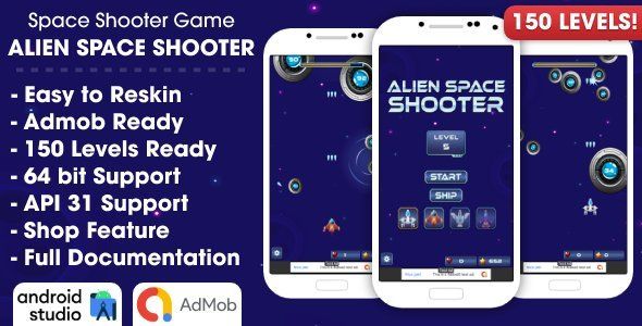 Alien Space Shooter Game Android Studio Project with AdMob Ads + Ready to Publish Unity Game Mobile App template