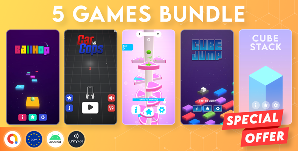 BUNDLE 5 GAMES | Admob + GDPR + Unity Unity Game Mobile App template