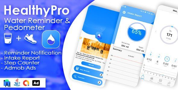 HealthyPro - 2 in 1 Water Reminder + Pedometer with Admob Ads Unity  Mobile App template