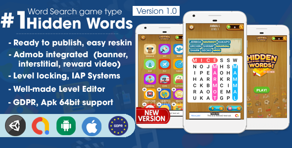 Hidden Words - Word Search Game Unity Template Unity Game Mobile App template