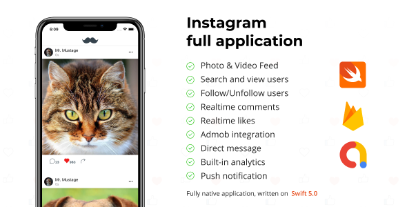 Instagram App iOS Template + Web, Firebase (Photo&amp;Video) iOS Social &amp; Dating Mobile App template