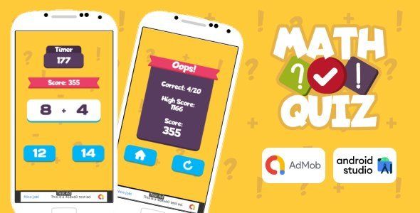 Math Quiz Game Android Studio Project with AdMob Ads + Ready to Publish Unity Game Mobile App template
