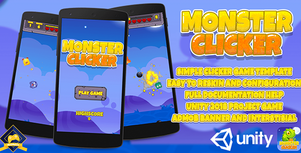 Monster Clicker : Unity 2018 Game Source Code + Admob Ads Ready Unity  Mobile App template