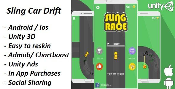 Sling Car Drift + Admob + Chartboost + Unity + In App Purchases    