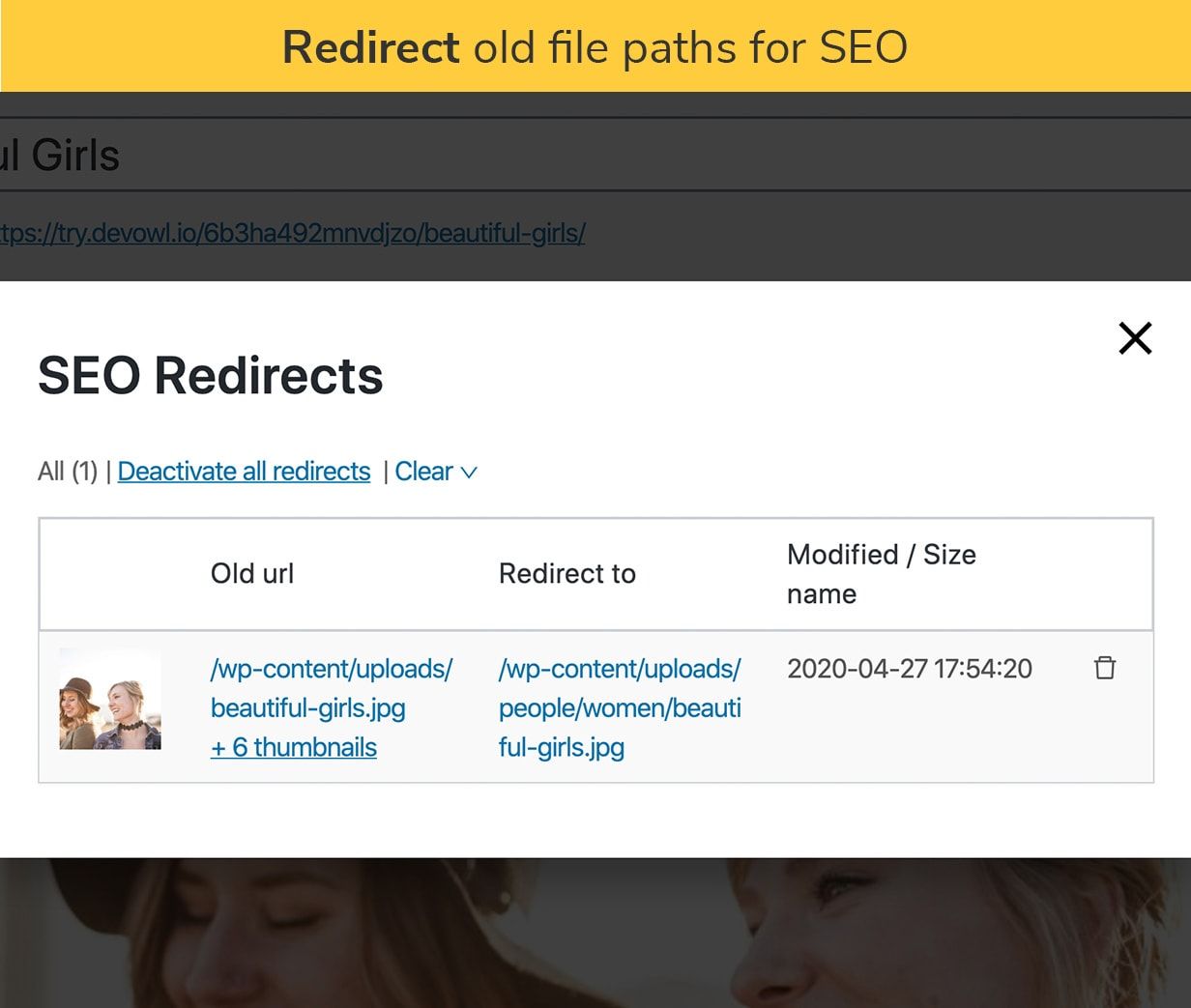 Redirect old file paths for SEO