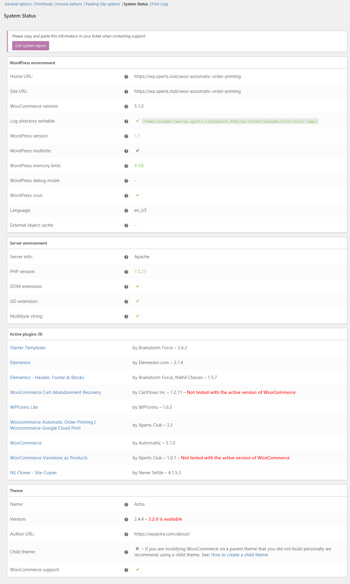 WooCommerce automatic order printing system status