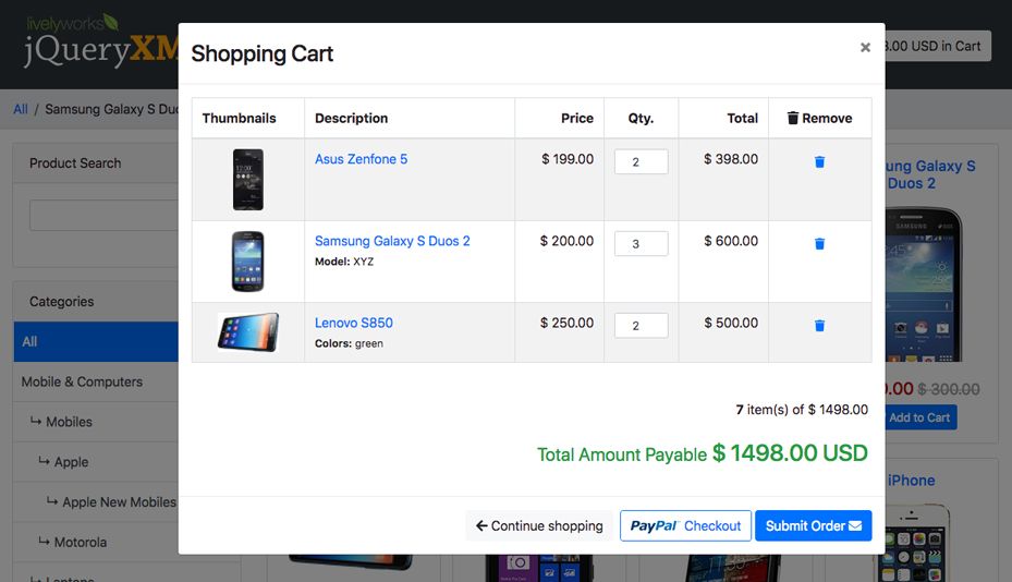 JQuery XML Store Shop - Shopping Cart
