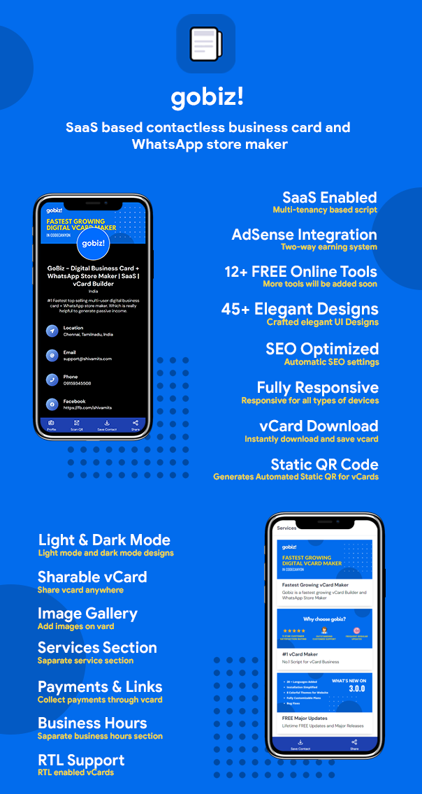 GoBiz - Digital Business Card + WhatsApp Store Maker | SaaS | Laravel | VCard Maker | SAAS Script