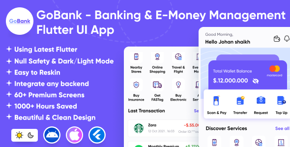 GoBank - Banking & E-Money Management App | FinPay | Finance | Digital Wallet | PayTM | Flutter App Flutter  Mobile Templates