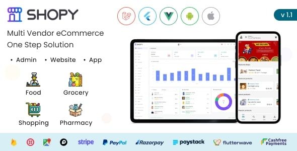 Shopy -  Multivendor eCommerce, Food, Grocery, Pharmacy Delivery Flutter App + Admin & Website Flutter Food Mobile Ecommerce