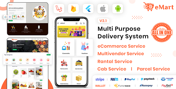 eMart | Multivendor Food, eCommerce, Parcel, Taxi booking, Car Rental App with Admin and Website Flutter Food Mobile Full Applications