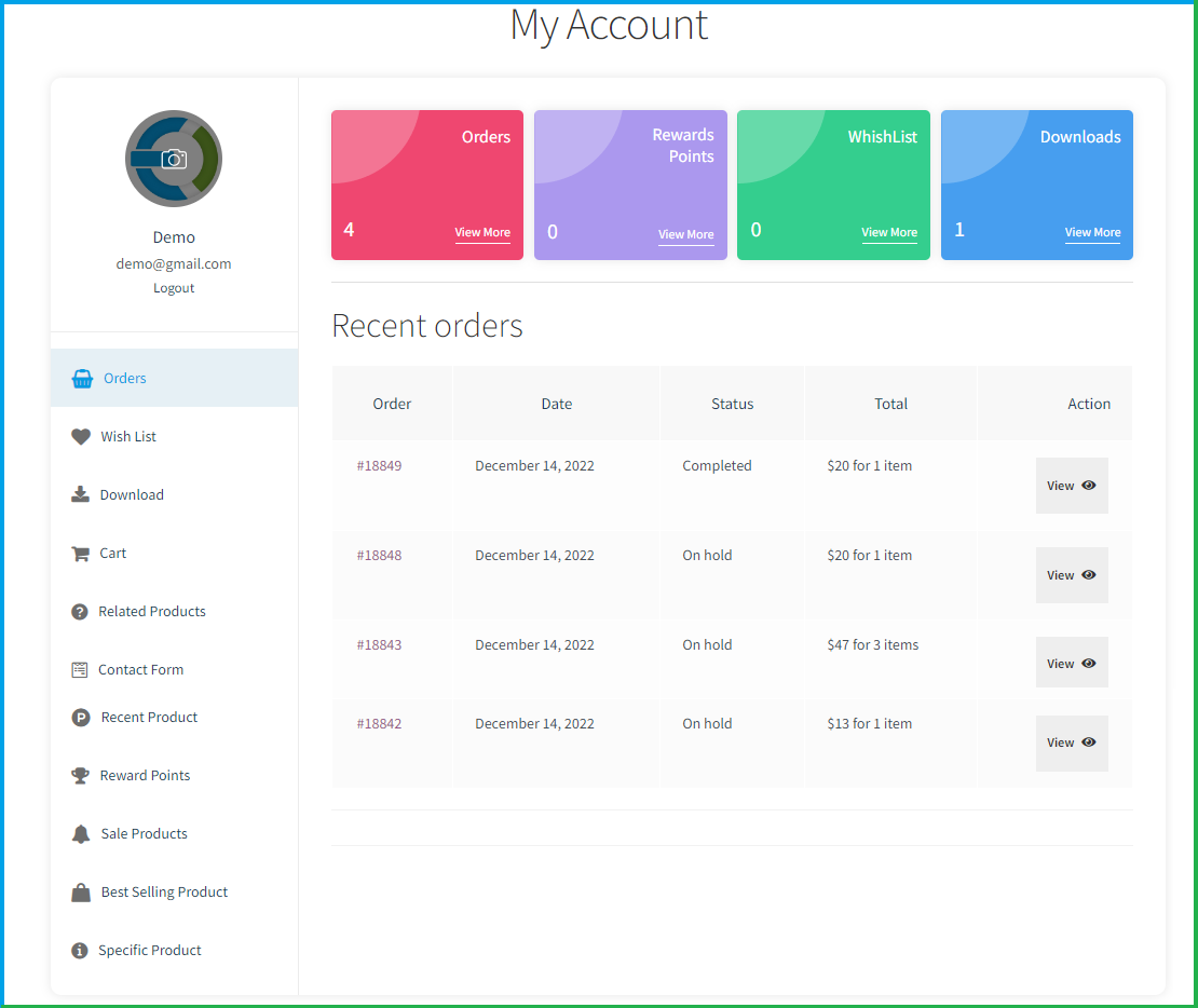 WooCommerce account dashboard