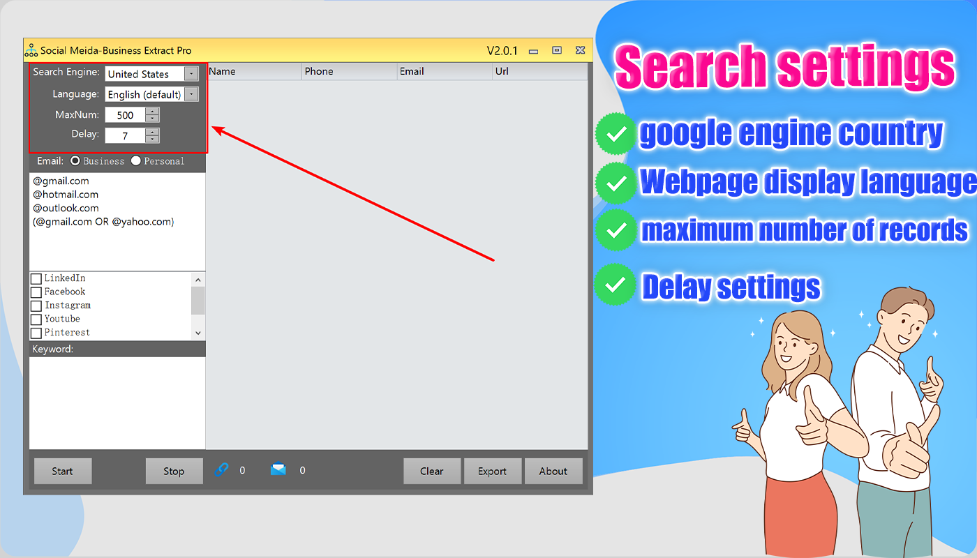 Social Media Data Business Extrator Pro-Search Settings