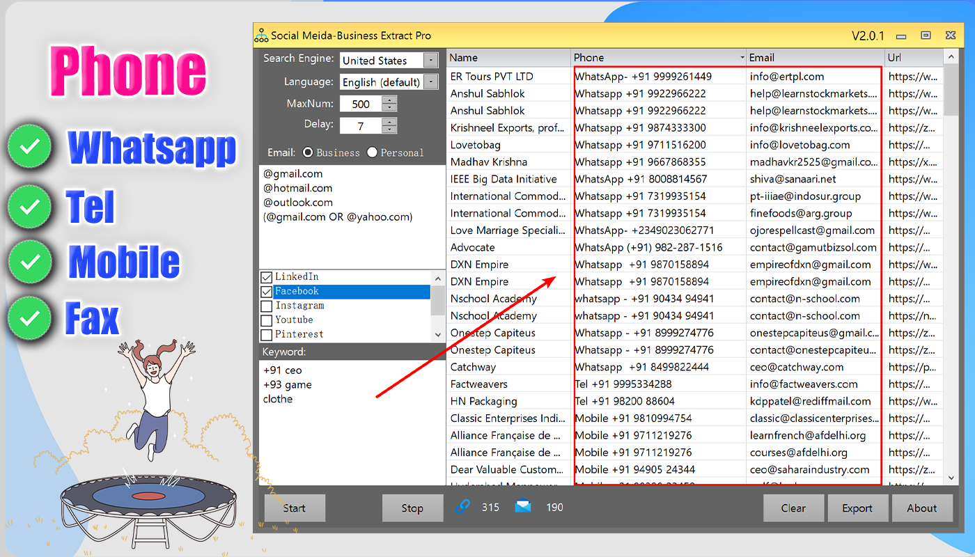 Social Media Data Business Extrator Pro-Extract Whatsapp,Phone,Tel,Fax etc