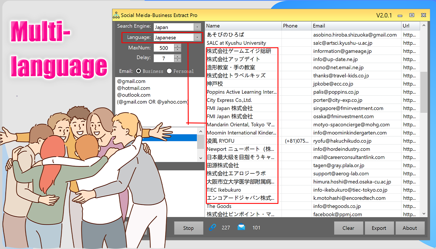Social Media Data Business Extrator Pro-Multilingual extraction results