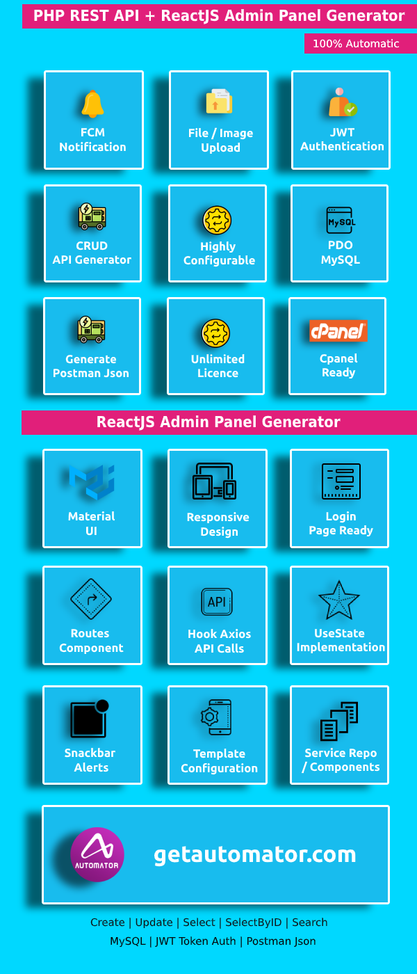 Easy ReactJS Application Generator + REST API Generator - PHP MySQL CRUD REST API With JWT Token