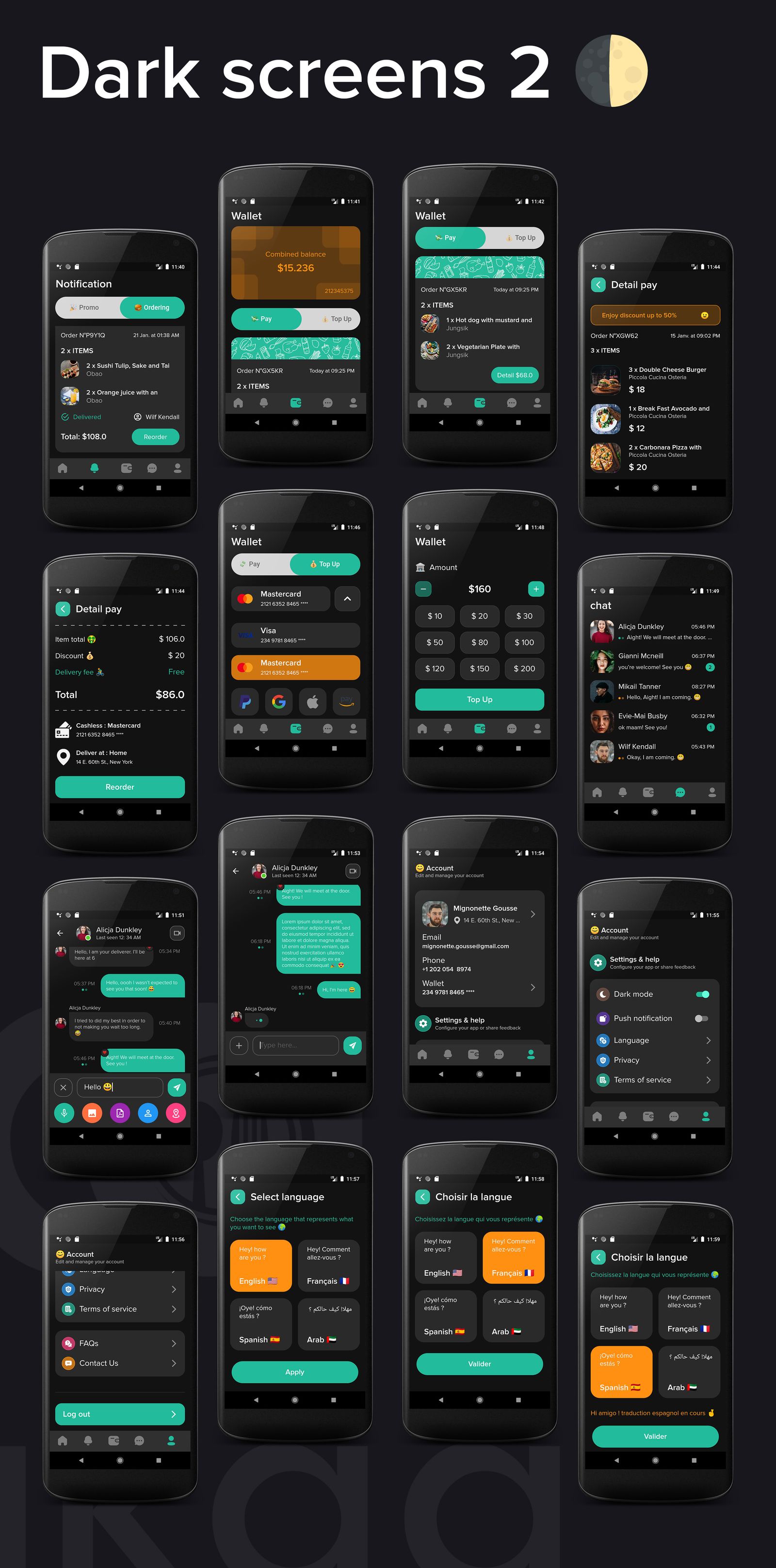 Lakaa food delivery app dark mode screens 2 - flutter ui kit design