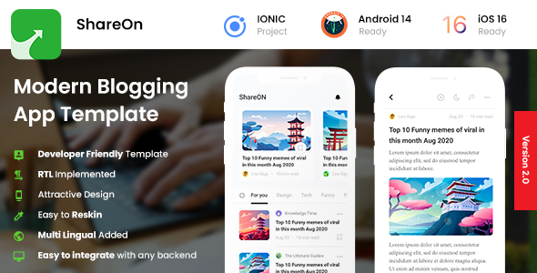 2 App Template | Modern Blogging App | IONIC News App | ShareON  Blogging Mobile Native Web, Templates