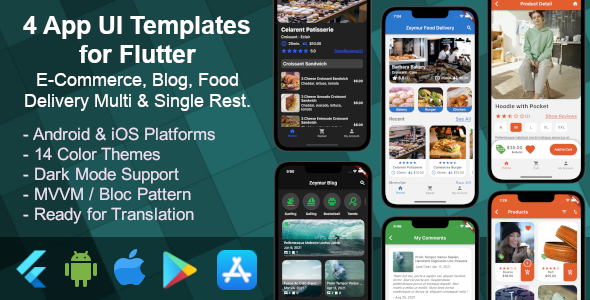 4 App UI Templates for Flutter : E-Commerce, Blog, Food Delivery Multi & Single Restaurant Flutter Blog Mobile Templates